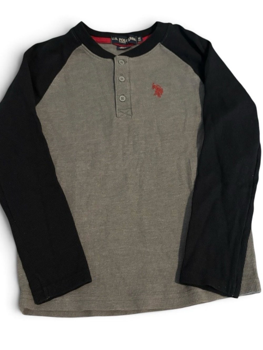 U.S. Polo Assn. Gray Body Black Raglan Long Sleeve Henley with Red Logo